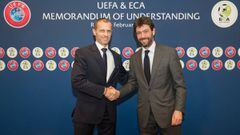 Los presidentes de la UEFA,  Aleksander Ceferin, y de la ECA,  Andrea Agnelli.