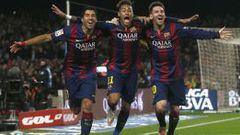 (L-R) Barcelona&#039;s Luis Suarez, Neymar and Lionel Messi celebrate a goal against Atletico Madrid during their Spanish First Division soccer match at Camp Nou stadium in Barcelona January 11, 2015. REUTERS/Albert Gea (SPAIN - Tags: SPORT SOCCER) ALEGRIA FOTON PUBLICADA 12/01/15 NA MA13 5COL PUBLICADA 12/01/15 NA MA01 PORTADA 2COL  PUBLICADA 13/01/15 NA MA21 3COL