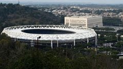 (FILES) This file photo taken on March 17, 2020 shows the Olympic stadium in Rome and the Foreign Ministry Farnesina building 