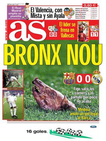 Luis Figo's return to Camp Nou with Real Madrid didn't go down too well with the home fans, one launching the severed head of a suckling pig at the player while he was taking a corner. November 2002.