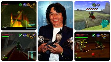 Shigeru Miyamoto, máximo responsable del proyecto, sosteniendo los premios entregados a Ocarina of Time por la Academia de las Artes y las Ciencias Interactivas.