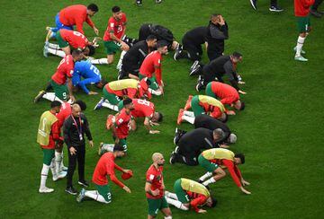 Los jugadores de la selección de Marruecos se arrodillan en señal de agradecimiento ante sus aficionados.