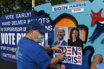 Residents of The Villages in Florida take part in a golf cart parade, to celebrate the nomination of Joe Biden for Democratic presidential candidate and Kamala Harris for vice president.