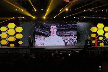Cristiano Ronaldo is seen on a screen after the announcement of his reception of the "Best player" award during the Globe Soccer Awards Ceremony