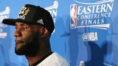 BOSTON, MA - MAY 25: LeBron James #23 of the Cleveland Cavaliers looks on during the trophy presentation after Game Five of the 2017 NBA Eastern Conference Finals at TD Garden on May 25, 2017 in Boston, Massachusetts. NOTE TO USER: User expressly acknowle
