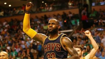 BOSTON, MA - MAY 19: (EDITORS NOTE: Retransmission with alternate crop.) LeBron James #23 of the Cleveland Cavaliers reacts in the first half against the Boston Celtics during Game Two of the 2017 NBA Eastern Conference Finals at TD Garden on May 19, 2017
