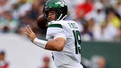 Joe Flacco of the New York Jets looks to pass during the second half against the Baltimore Ravens at MetLife Stadium on September 11, 2022 in East Rutherford, New Jersey.