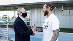 Florentino P&eacute;rez y Sergio Ramos en un reciente encuentro en Valdebebas.