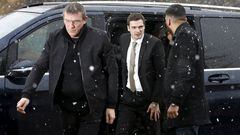 Adam Johnson (centre) pictured arriving at Bradford Crown Court today.
