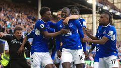 LIVERPOOL, ENGLAND - MAY 28: Abdoulaye Doucoure of Everton celebrates with James Garner after scoring the opening goal  and Demari Gray (left) during the Premier League match between Everton FC and AFC Bournemouth at Goodison Park on May 28, 2023 in Liverpool, England. (Photo by Simon Stacpoole/Offside/Offside via Getty Images)