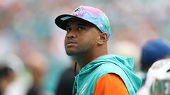 (FILES) In this file photo taken on October 16, 2022 Tua Tagovailoa #1 of the Miami Dolphins looks on against the Minnesota Vikings at Hard Rock Stadium in Miami Gardens, Florida. - Miami Dolphins quarterback Tua Tagovailoa said October 19, 2022 that he cannot remember being carted off the field after falling unconscious with a concussion that has sidelined the NFL star for two games. (Photo by Megan Briggs / GETTY IMAGES NORTH AMERICA / AFP)
