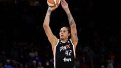FILE PHOTO: Oct 13, 2021; Phoenix, Arizona, USA; Phoenix Mercury center Brittney Griner (42) shoots against the Chicago Sky during the first half of game two of the 2021 WNBA Finals at Footprint Center. Mandatory Credit: Joe Camporeale-USA TODAY Sports/File Photo