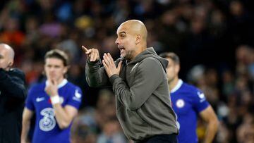 MANCHESTER, ENGLAND - NOVEMBER 09: Pep Guardiola, Manager of Manchester City reacts during the Carabao Cup Third Round match between Manchester City and Chelsea at Etihad Stadium on November 09, 2022 in Manchester, England. (Photo by Lynne Cameron - Manchester City/Manchester City FC via Getty Images)