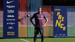 Barcelona&#039;s new Ghanaian forward Kevin-Prince Boateng poses during his official presentation at the Camp Nou stadium in Barcelona on January 22, 2019.