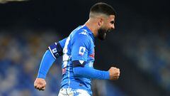 NAPLES, ITALY - MARCH 07: Lorenzo Insigne of SSC Napoli celebrates after scoring their side&#039;s third goal during the Serie A match between SSC Napoli  and Bologna FC at Stadio Diego Armando Maradona on March 07, 2021 in Naples, Italy. Sporting stadium