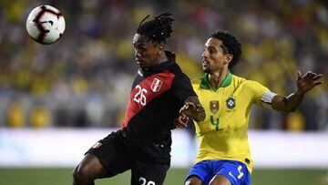 Sep 10, 2019; Los Angeles, CA, USA; Peru forward Yordy Reyna (26) and Brazil defender Marquinhos (4) battle for the ball during the the second half of the South American Showdown soccer match at Los Angeles Coliseum. Mandatory Credit: Kelvin Kuo-USA TODAY