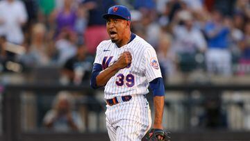 Aug 7, 2022; New York City, New York, USA; New York Mets relief pitcher Edwin Diaz (39) reacts after closing the game against the Atlanta Braves at Citi Field. Mandatory Credit: Vincent Carchietta-USA TODAY Sports
