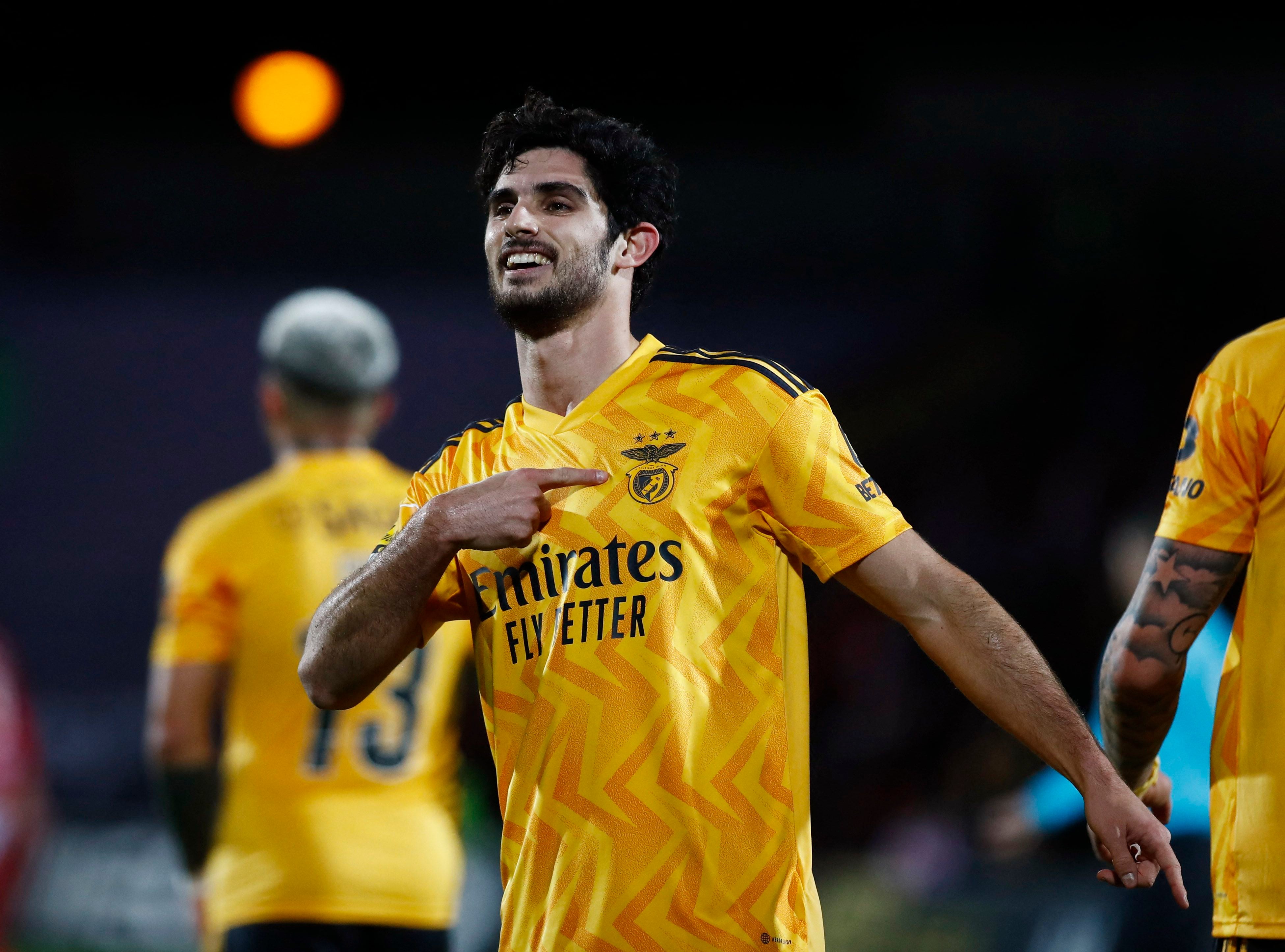 Soccer Football - Primeira Liga - Santa Clara v Benfica - Estadio de Sao Miguel, Ponta Delgada, Portugal - January 21, 2023 Benfica's Goncalo Guedes celebrates scoring their third goal REUTERS/Pedro Nunes