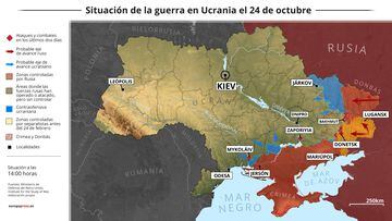 Mapa con la situación de la guerra en Ucrania el 24 de octubre (Estado a las 14:00 horas). Los avisos de Rusia sobre la supuesta utilización de armas radiológicas, más conocidas como bombas sucias, en Ucrania, negados por las principales autoridades ucranianas, han alimentado el temor a una escalada nuclear en el conflicto, en la medida en que se trata de un artefacto que incluye entre sus componentes material radioactivo.
24 OCTUBRE 2022
Europa Press
24/10/2022