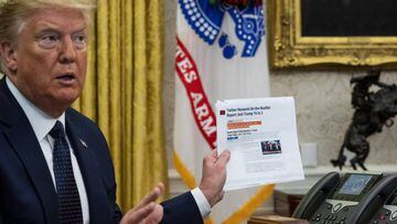 US President Donald J. Trump shows a report on Tweeter Moments on Mueller Report against him as he makes remarks before signing an executive order on social media that will punish Facebook, Google and Twitter for the way they police content online, in the