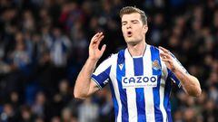 Real Sociedad's Norwegian forward Alexander Sorloth reacts during the Spanish league football match between Real Sociedad and Real Valladolid FC at the Reale Arena stadium in San Sebastian, on February 5, 2023. (Photo by ANDER GILLENEA / AFP) (Photo by ANDER GILLENEA/AFP via Getty Images)