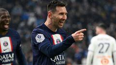Paris Saint-Germain's Argentine forward Lionel Messi celebrates after scoring his team's second goal during the French L1 football match between Olympique Marseille (OM) and Paris Saint-Germain (PSG) at the Velodrome stadium in Marseille, southern France on February 26, 2023. (Photo by NICOLAS TUCAT / AFP)