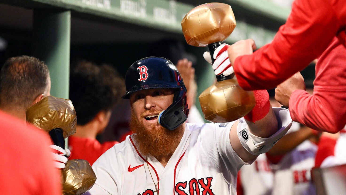 Triston Casas of the Boston Red Sox celebrates with his teammates