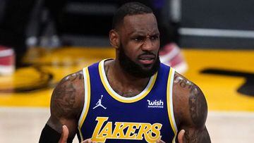 Feb 26, 2021; Los Angeles, California, USA; Los Angeles Lakers forward LeBron James (23) reacts in the second half against the Portland Trail Blazers at Staples Center The Lakers defeated the Trail Blazers 102-93.. Mandatory Credit: Kirby Lee-USA TODAY Sp