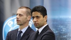 PARIS, FRANCE - FEBRUARY 14:  UEFA president Aleksander Ceferin and President Nasser Al-Khelaifi of Paris Saint-Germain attend during the UEFA Champions League Round of 16 first leg match between Paris Saint-Germain and FC Barcelona at Parc des Princes on February 14, 2017 in Paris, France.  (Photo by Xavier Laine/Getty Images)