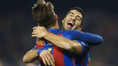 FC Barcelona&#039;s Denis Su&aacute;rez celebrates with Luis Su&aacute;rez after scoring against Real Sociedad in the Copa del Rey at the Camp Nou.