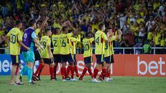 Jugadores de la Selección Colombia Sub 20 celebrando el triunfo ante Argentina en el Sudamericano en Cali.