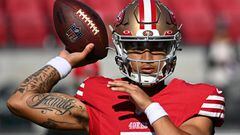 SANTA CLARA, CALIFORNIA - AUGUST 19: Trey Lance #5 of the San Francisco 49ers warms up before playing the Denver Broncos in a preseason game at Levi's Stadium on August 19, 2023 in Santa Clara, California.   Loren Elliott/Getty Images/AFP (Photo by Loren Elliott / GETTY IMAGES NORTH AMERICA / Getty Images via AFP)