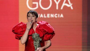 Spanish actress Blanca Portillo receives the best actress award for her role in "Maixabel" at the 36th Goya awards ceremony at the Palau de les Arts in Valencia, on February 12, 2022. (Photo by JOSE JORDAN / AFP) (Photo by JOSE JORDAN/AFP via Getty Images)