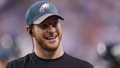 INDIANAPOLIS, IN - AUGUST 27: Injured quarterback Carson Wentz #11 of the Philadelphia Eagles looks on against the Indianapolis Colts in the first quarter of an preseason NFL game at Lucas Oil Stadium on August 27, 2016 in Indianapolis, Indiana.   Joe Robbins/Getty Images/AFP == FOR NEWSPAPERS, INTERNET, TELCOS &amp; TELEVISION USE ONLY ==