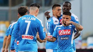 NAPLES, ITALY - JUNE 28: Jose Callejon and Lorenzo Insigne of SSC Napoli celebrate the 2-1 goal scored by Jose Callejon during the Serie A match between SSC Napoli and  SPAL at Stadio San Paolo on June 28, 2020 in Naples, Italy. (Photo by Francesco Pecora