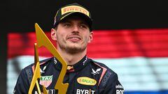 MONTREAL, QUEBEC - JUNE 18: Race winner Max Verstappen of the Netherlands and Oracle Red Bull Racing celebrates on the podium during the F1 Grand Prix of Canada at Circuit Gilles Villeneuve on June 18, 2023 in Montreal, Quebec.   Minas Panagiotakis/Getty Images/AFP (Photo by Minas Panagiotakis / GETTY IMAGES NORTH AMERICA / Getty Images via AFP)