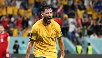 Australia's forward #07 Mathew Leckie celebrates scoring his team's first goal during the Qatar 2022 World Cup Group D football match between Australia and Denmark at the Al-Janoub Stadium in Al-Wakrah, south of Doha on November 30, 2022. (Photo by Chandan KHANNA / AFP)