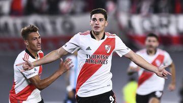 BUENOS AIRES, ARGENTINA - NOVEMBER 25: Julian Alvarez of River Plate celebrates after scoring the second goal of his team during a match between River Plate and Racing Club as part of Torneo Liga Profesional 2021 at Estadio Monumental Antonio Vespucio Lib