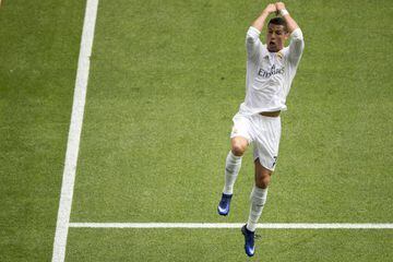 Cristiano Ronaldo celebrates scoring Real's third at the Bernabéu.