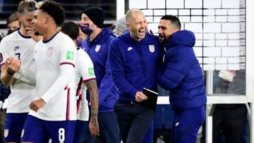 CINCINNATI, OHIO - NOVEMBER 12: United States head coach Gregg Berhalter celebrates a 2-0 win over Mexico during a FIFA World Cup 2022 qualifying match at TQL Stadium on November 12, 2021 in Cincinnati, Ohio.   Emilee Chinn/Getty Images/AFP == FOR NEWSPAPERS, INTERNET, TELCOS &amp; TELEVISION USE ONLY ==