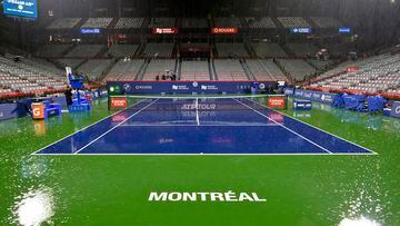 Aug 8, 2022; Montreal, QC, Canada;  General view of centre court during the rain fall in first round play in the National Bank Open at IGA Stadium. Evening session matches were postponed due to the forecast. Mandatory Credit: Eric Bolte-USA TODAY Sports