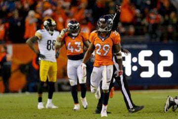 DENVER, CO - JANUARY 17: Bradley Roby #29 of the Denver Broncos reacts after a defensive play against the Pittsburgh Steelers during the AFC Divisional Playoff Game at Sports Authority Field at Mile High on January 17, 2016 in Denver, Colorado.   Justin E