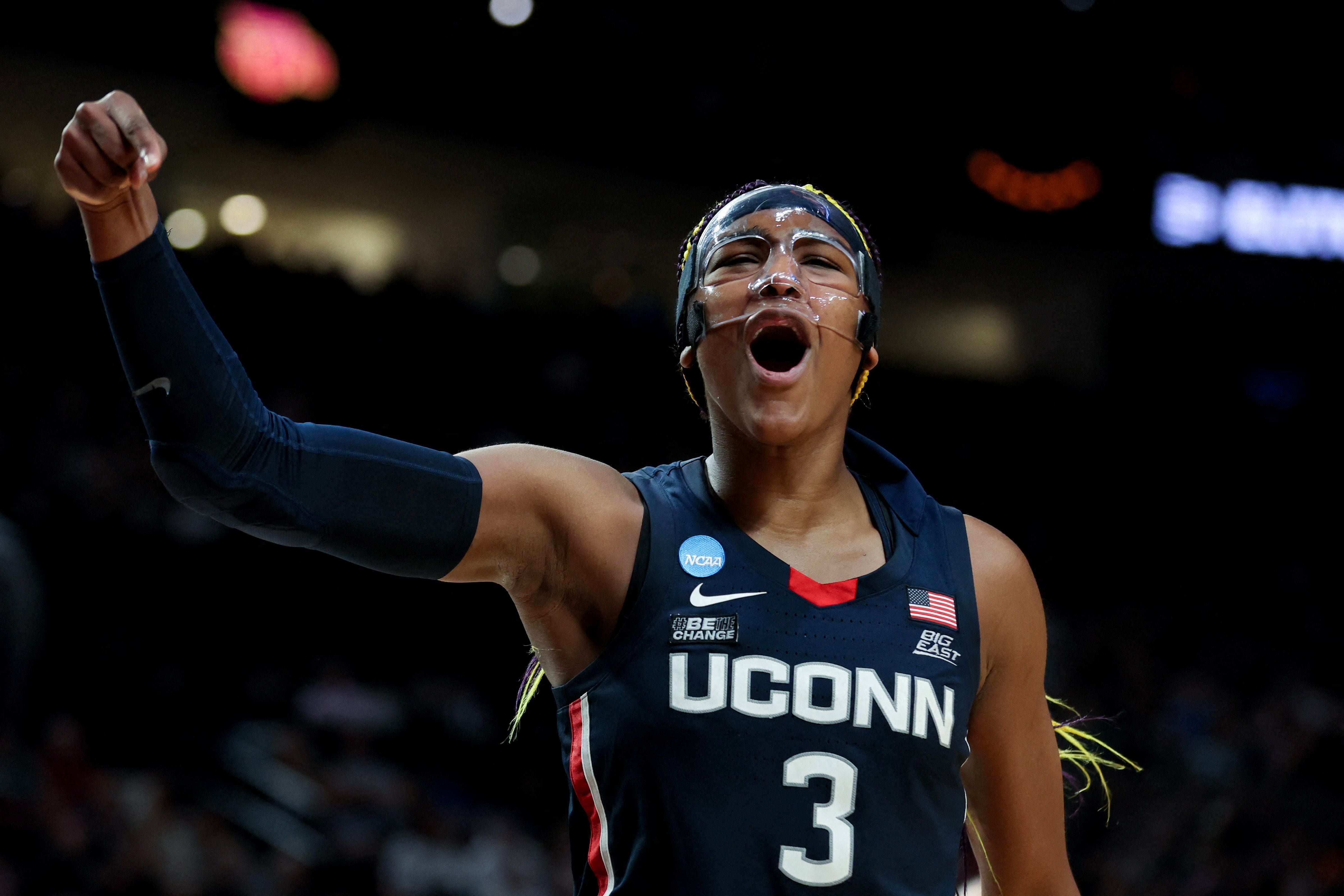 PORTLAND, OREGON - APRIL 01: Aaliyah Edwards #3 of the Connecticut Huskies yells after a play during the second half against the USC Trojans in the Elite 8 round of the NCAA Women's Basketball Tournament at Moda Center on April 01, 2024 in Portland, Oregon.   Steph Chambers/Getty Images/AFP (Photo by Steph Chambers / GETTY IMAGES NORTH AMERICA / Getty Images via AFP)