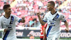 Monterrey's Sergio Canales (R) celebrates after scoring against Guadalajara during the Mexican Apertura tournament football match at the Akron stadium in Guadalajara, Jalisco state, Mexico on September 3, 2023. (Photo by ULISES RUIZ / AFP)