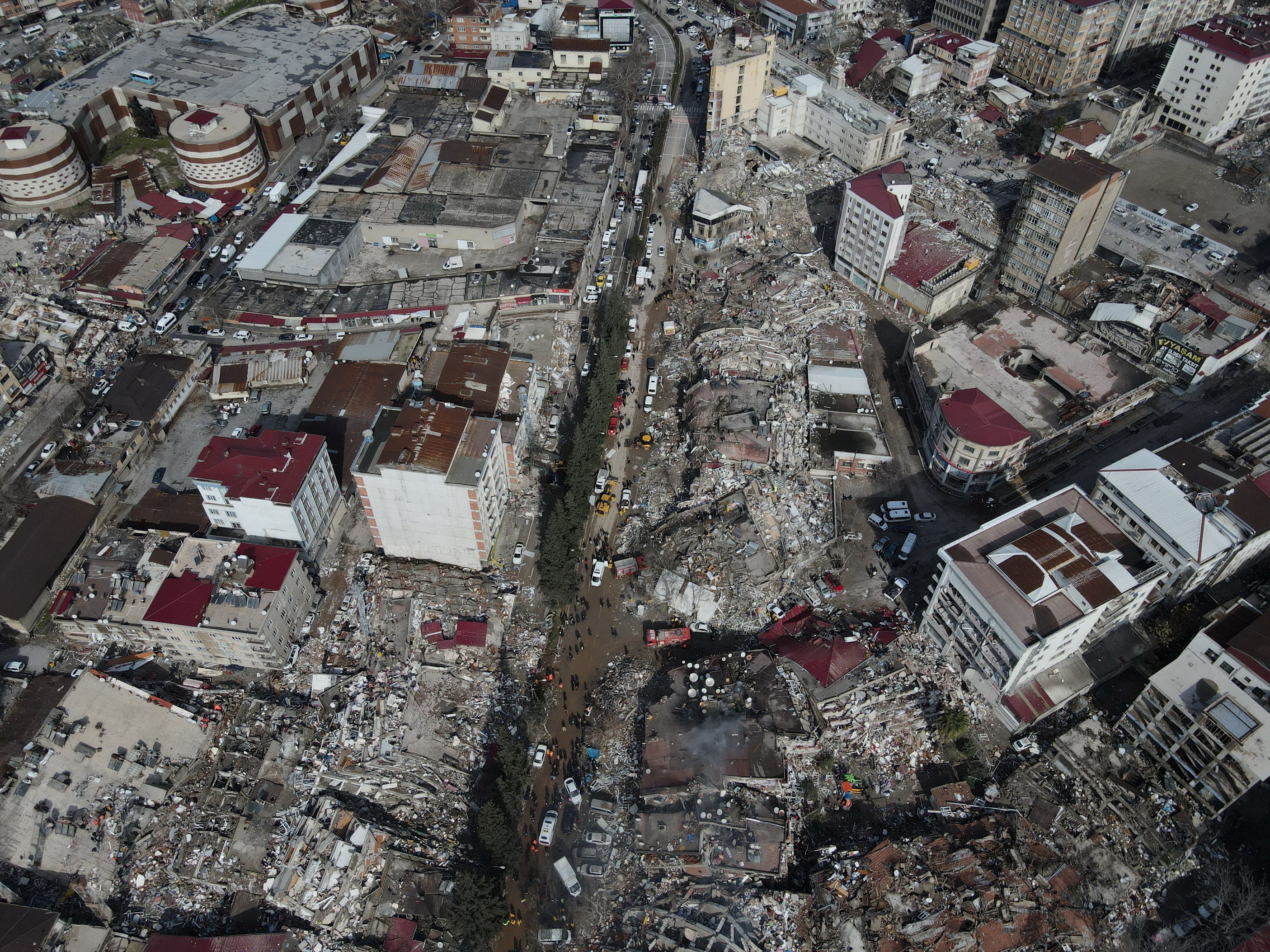 An aerial view shows damaged and collapsed buildings following an earthquake, in Kahramanmaras, Turkey February 7, 2023. REUTERS/Stringer NO RESALES. NO ARCHIVES.