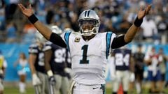 CHARLOTTE, NC - SEPTEMBER 09: Cam Newton #1 of the Carolina Panthers reacts to their 16-8 victory over the Dallas Cowboys at Bank of America Stadium on September 9, 2018 in Charlotte, North Carolina.   Streeter Lecka/Getty Images/AFP == FOR NEWSPAPERS, INTERNET, TELCOS &amp; TELEVISION USE ONLY ==