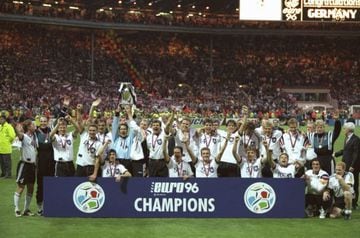 Germany celebrate with the trophy after their Euro '96 final win at Wembley.