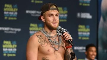 CLEVELAND, OHIO - AUGUST 26: Jake Paul answers questions during a press conference prior to his August 29 fight with Tyron Woodley on August 26, 2021 in Cleveland, Ohio.   Jason Miller/Getty Images/AFP == FOR NEWSPAPERS, INTERNET, TELCOS &amp; TELEVISION