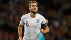 England&#039;s striker Harry Kane celebrates after scoring his third goal, England&#039;s fift during the UEFA Euro 2020 qualifying first round Group A football match between England and Montenegro at Wembley Stadium in London on November 14, 2019. (Photo