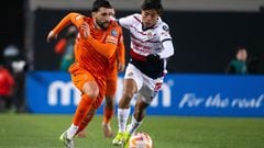  Tristan Borges (L) of Forge fights for the ball with Jonathan Padilla (R) of Guadalajara during the round one first leg match between Forge FC and Guadalajara as part of the CONCACAF Champions Cup 2024 at Tim Hortons Field Stadium on February 07, 2024 in Hamilton, Ontario, Canada.